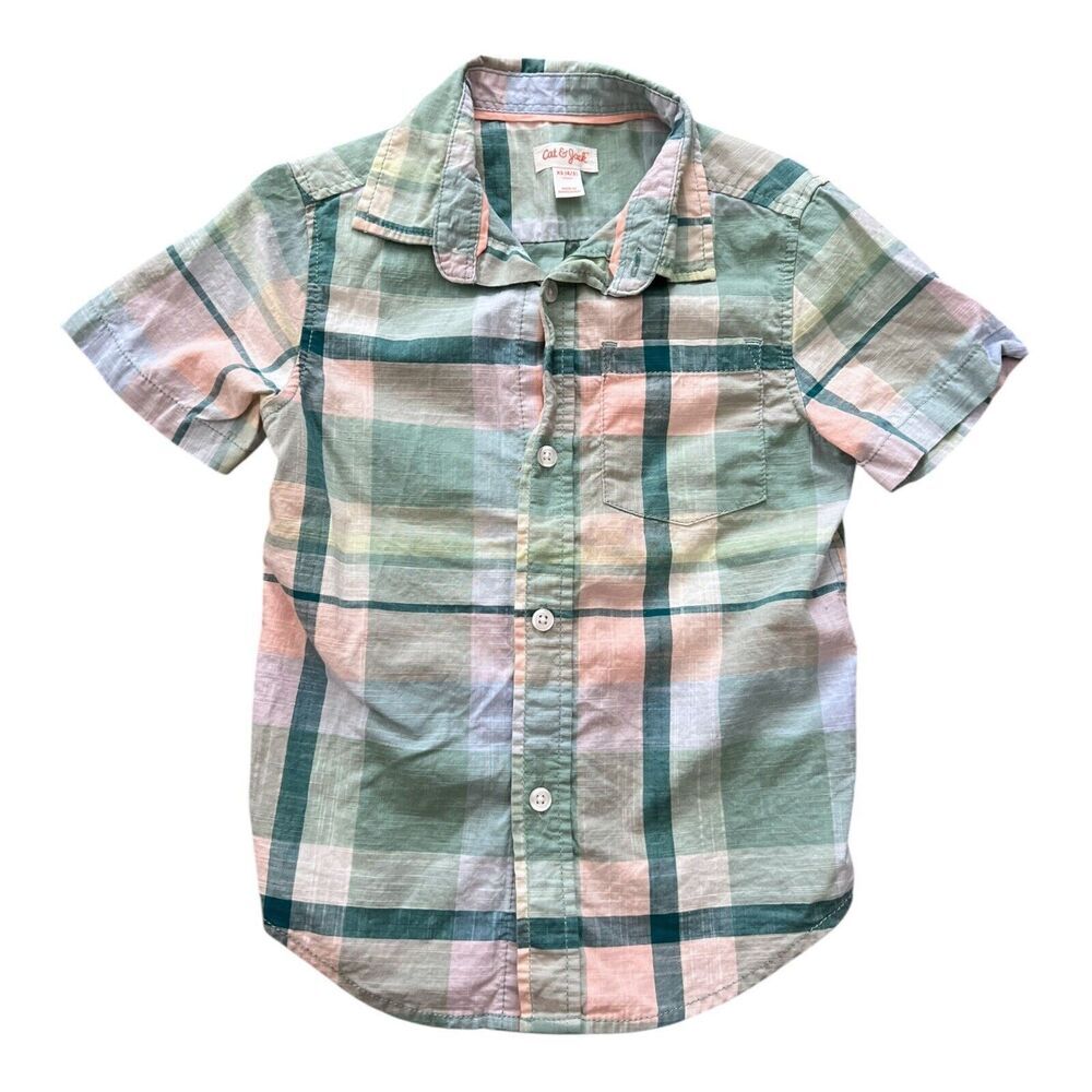 Cat & Jack Shirt Boys' Size XS 4/5 Plaid Button Down Short Sleeve Green Pink